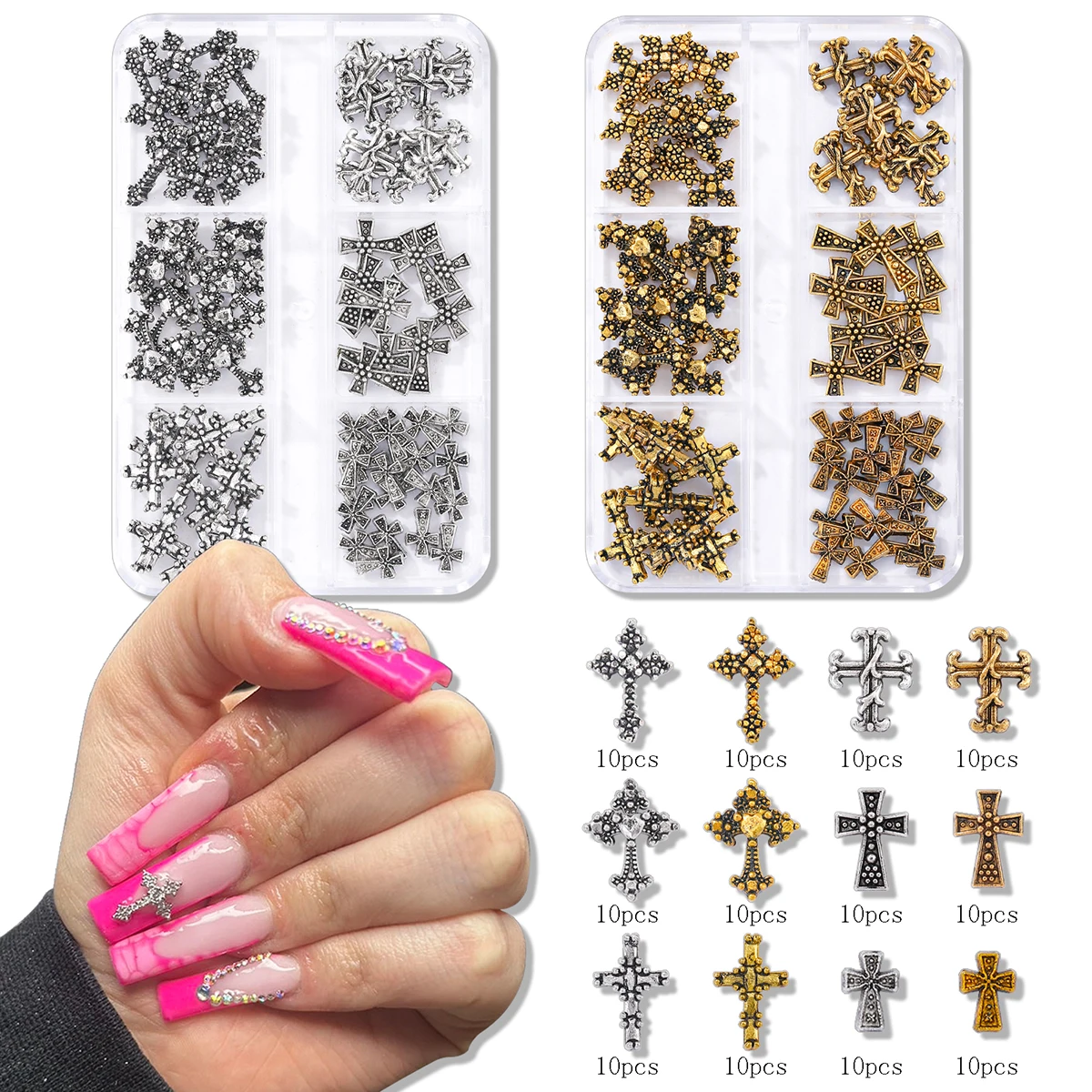 60pcs vintage gold and silver cross nail decoration, alloy rhinestone, y2k metal style DIY nail styling decoration