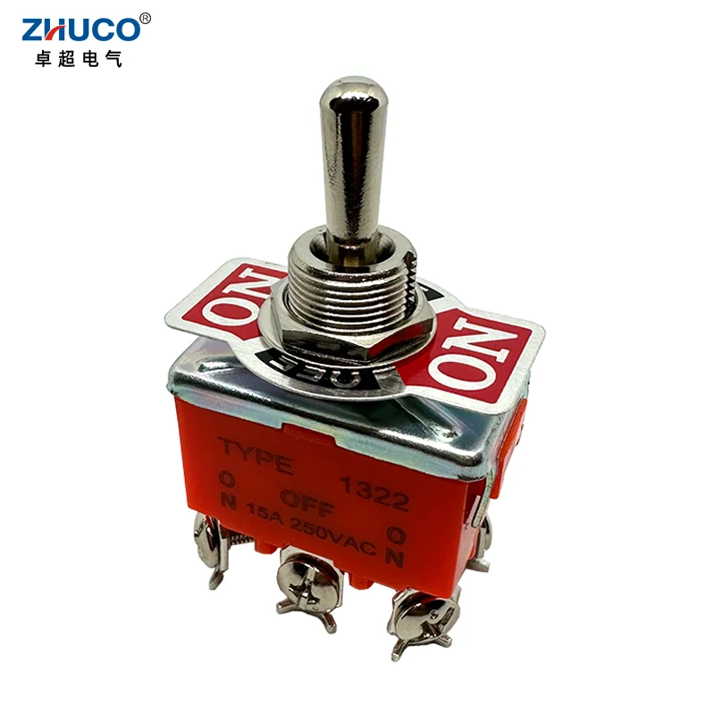 1PC 1322S 12mm Mounting Hole 15A 250VAC ON OFF ON DPDT 6 Terminal Screw Pins Self-locking Power Rocker Latching Toggle Switch