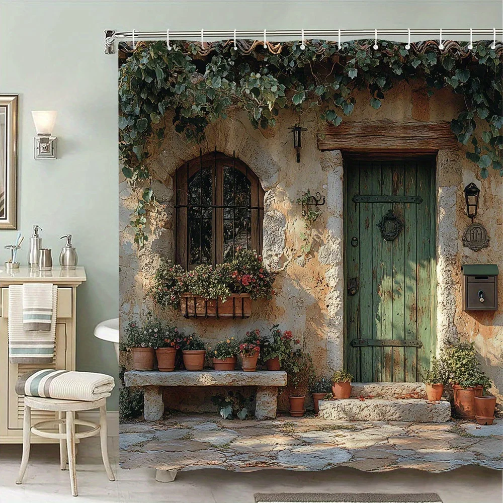 1pc Rustic Log Cabin Shower Curtain, Wooden Door Greenery Potted Plant, Home Shower Curtain, Stylish Moving Gift, Bathroom Decor