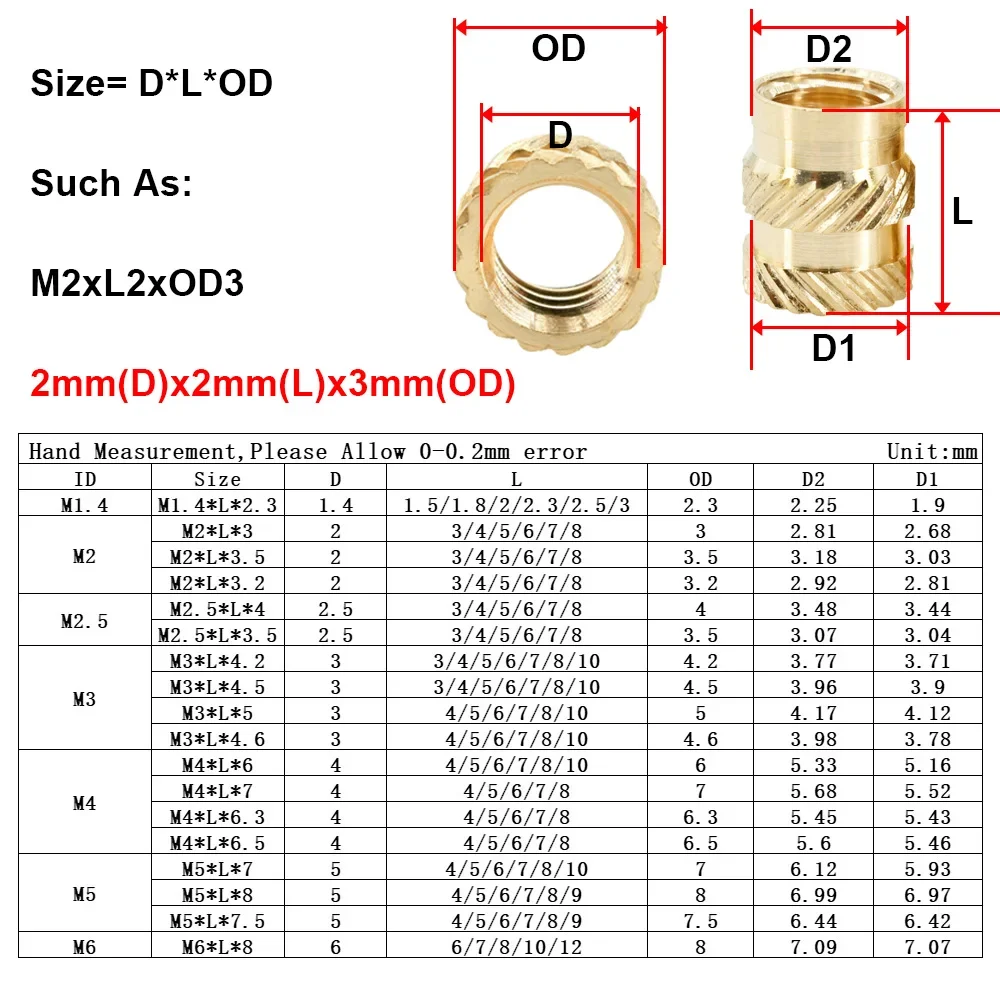 100Pcs Heat Brass Insert Nut M2 M2.5 M3 M4 M5 M6 M8 Double Knurled Hot Melt Threaded Inserts Nuts for 3d Printing Plastic Case