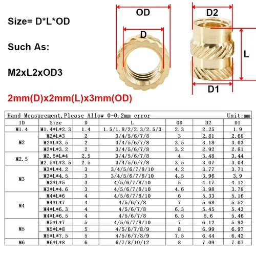Imagen 2 del producto 100 Uds tuerca de inserción de latón térmico M2 M2.5 M3 M4 M5 M6 M8 tuercas de inserciones roscadas de fusión en caliente moleteadas dobles para caja de plástico de impresión 3d