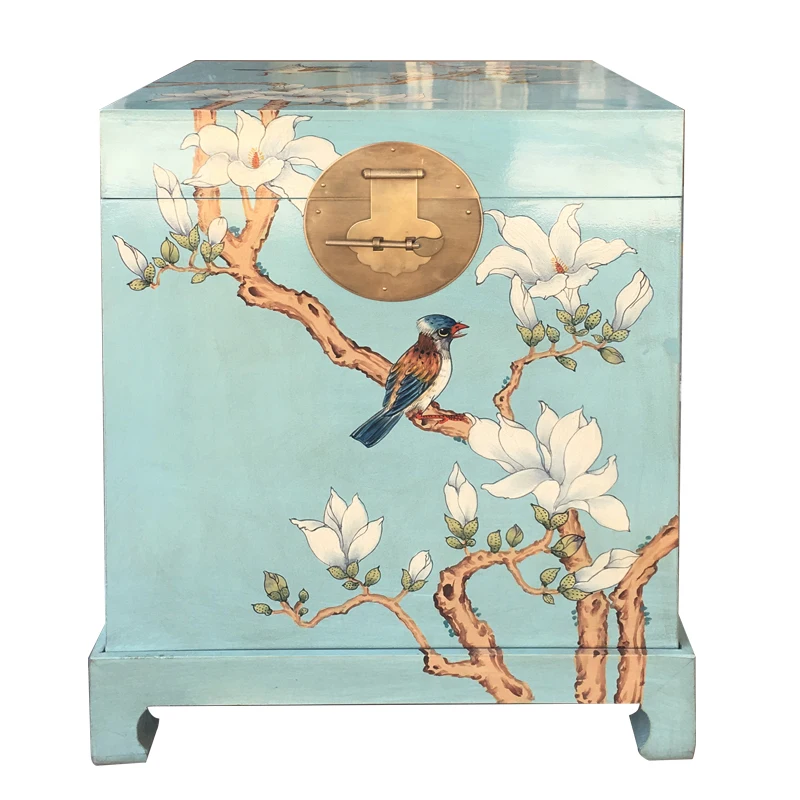 

Camphor wooden box bedside table sofa side few Chinese pastoral painting storage calligraphy and painting box