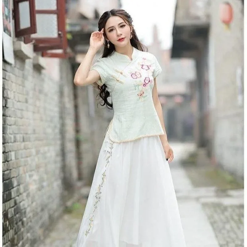 

Chiffon Skirts Women A-line Embroidery Floral Design Retro Elegant Princess Fashion Chinese Style Aesthetic Visual Classic Ins