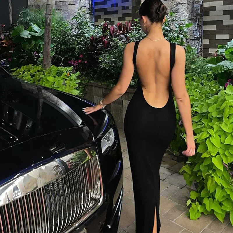 

2024 Winter Sexy Backless Slim Round Neck Sleeveless Split Dress