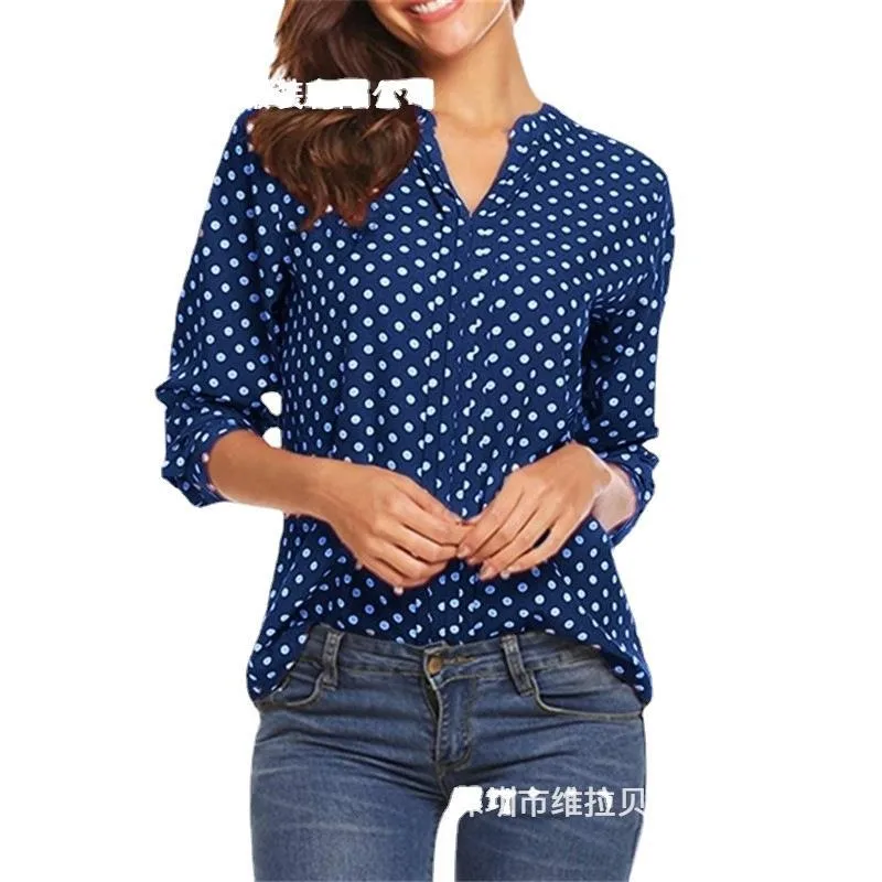 Printed Loose Fit Shirt with 3D Pattern Slight Stretch Elegant Commuter Long Sleeve Round Neck Women Blouse Spring Polka Dot