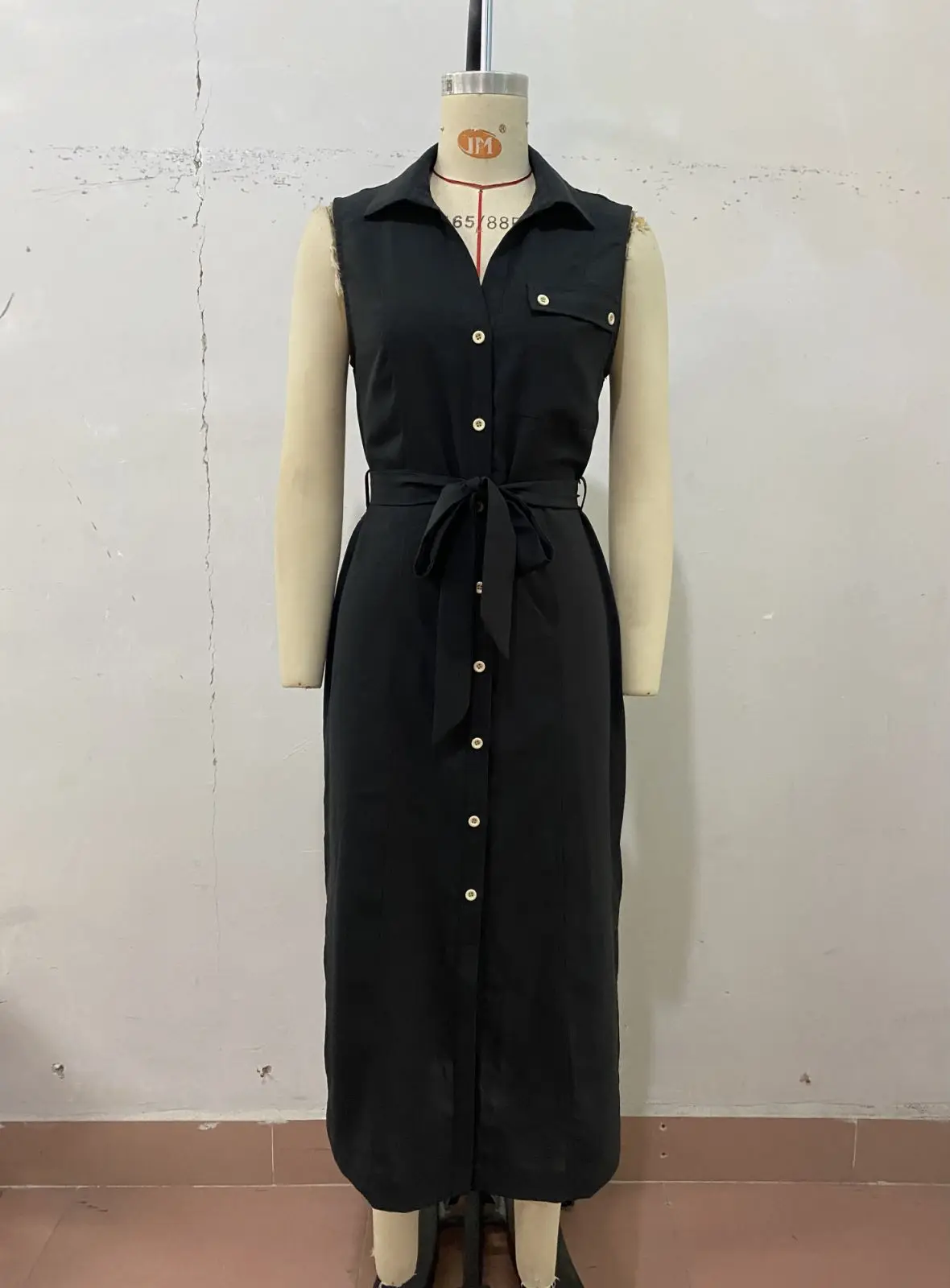 Elegant Lady Summer Streetwear Dress Women Lapel Collar With Belt Sleeveless Dress Female Button Up A-Line Shirts Dress