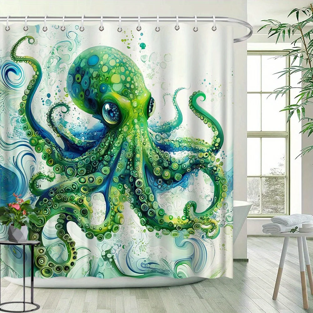 

Занавеска для душа с акварельным изображением осьминога, зеленый абстрактный осьминог с синими волнами, яркое океанское искусство, занавеска для ванной для креативного домашнего декора