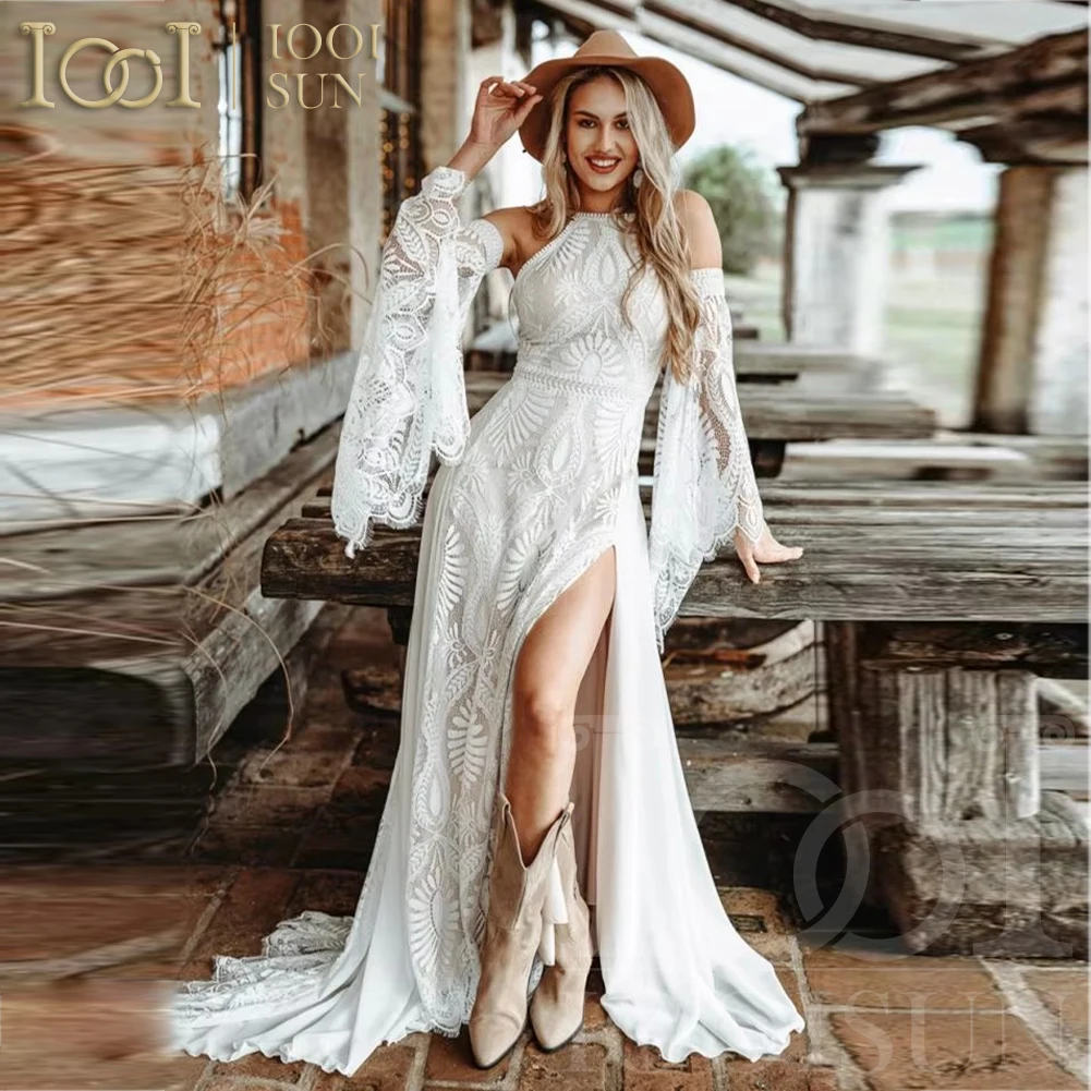 IOOISUN Bohemian Chic Civil Bridal Dress Hippie Crochet Lace Wedding Dress With Slit Gatsby Elvish Bride Gown Customized