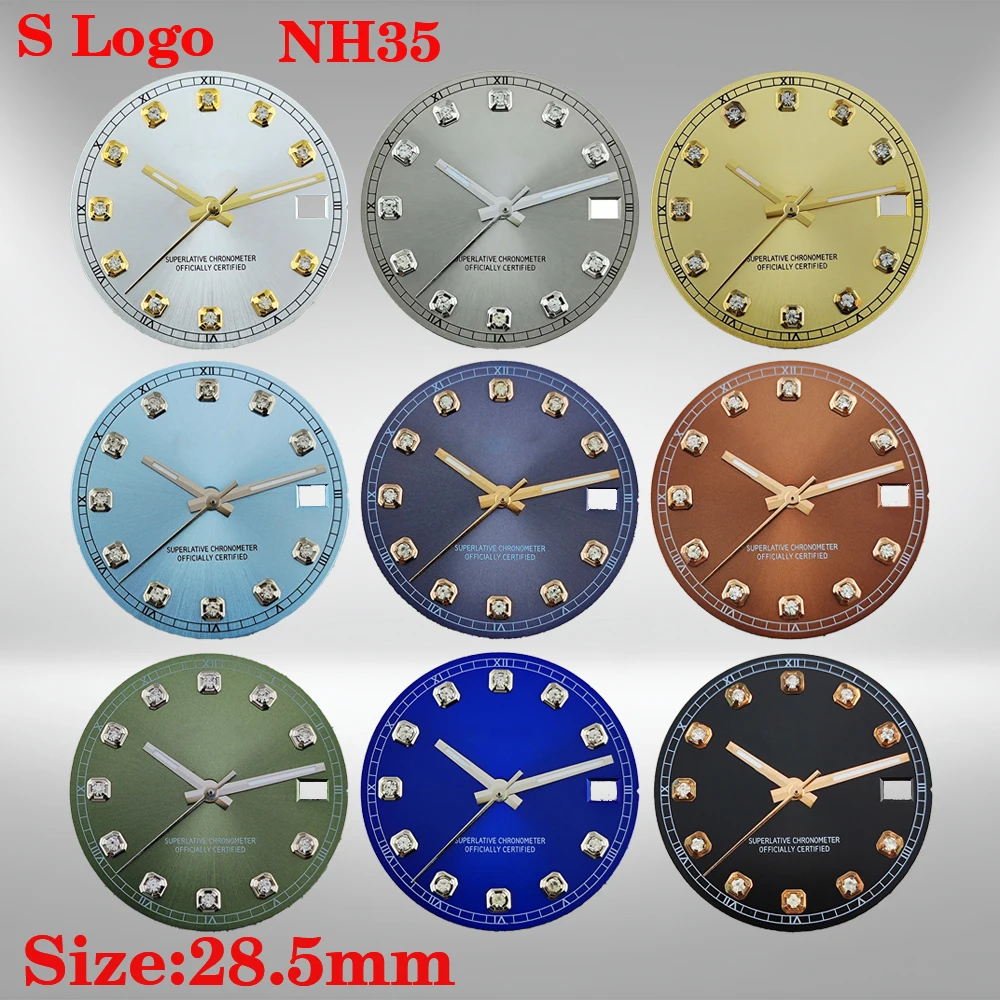 

28.5mm S-Logo NH35 Dial Sun-Patterned Diamond Watch Dial Compatible with NH35/36 4R Movement Watch Dial Accessories