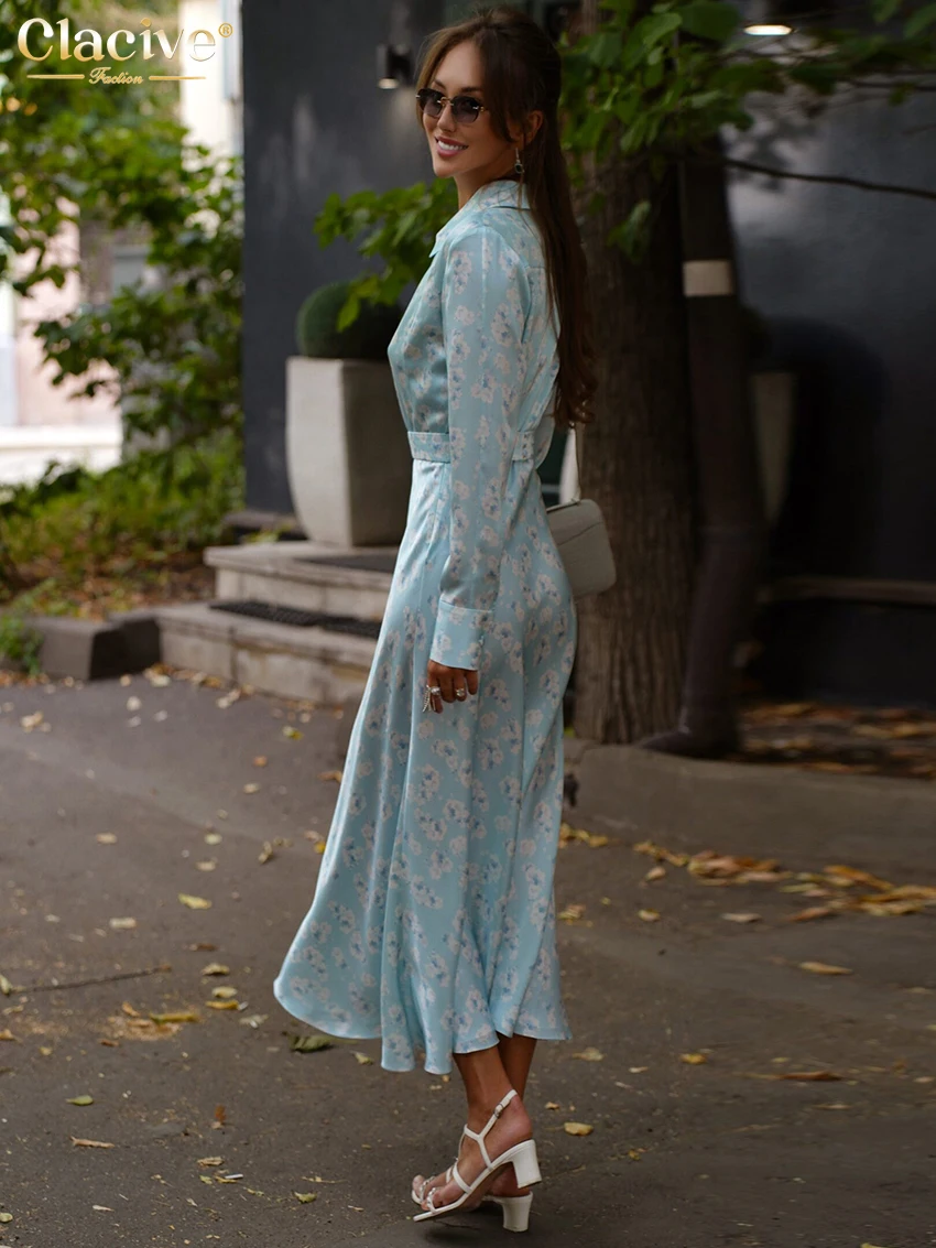 Clacive Fashion Slim Print Women's Dress 2025 Casual Lapel Long Sleeve Midi Dresses Elegant Classic High Waist Female Dress - Image 3