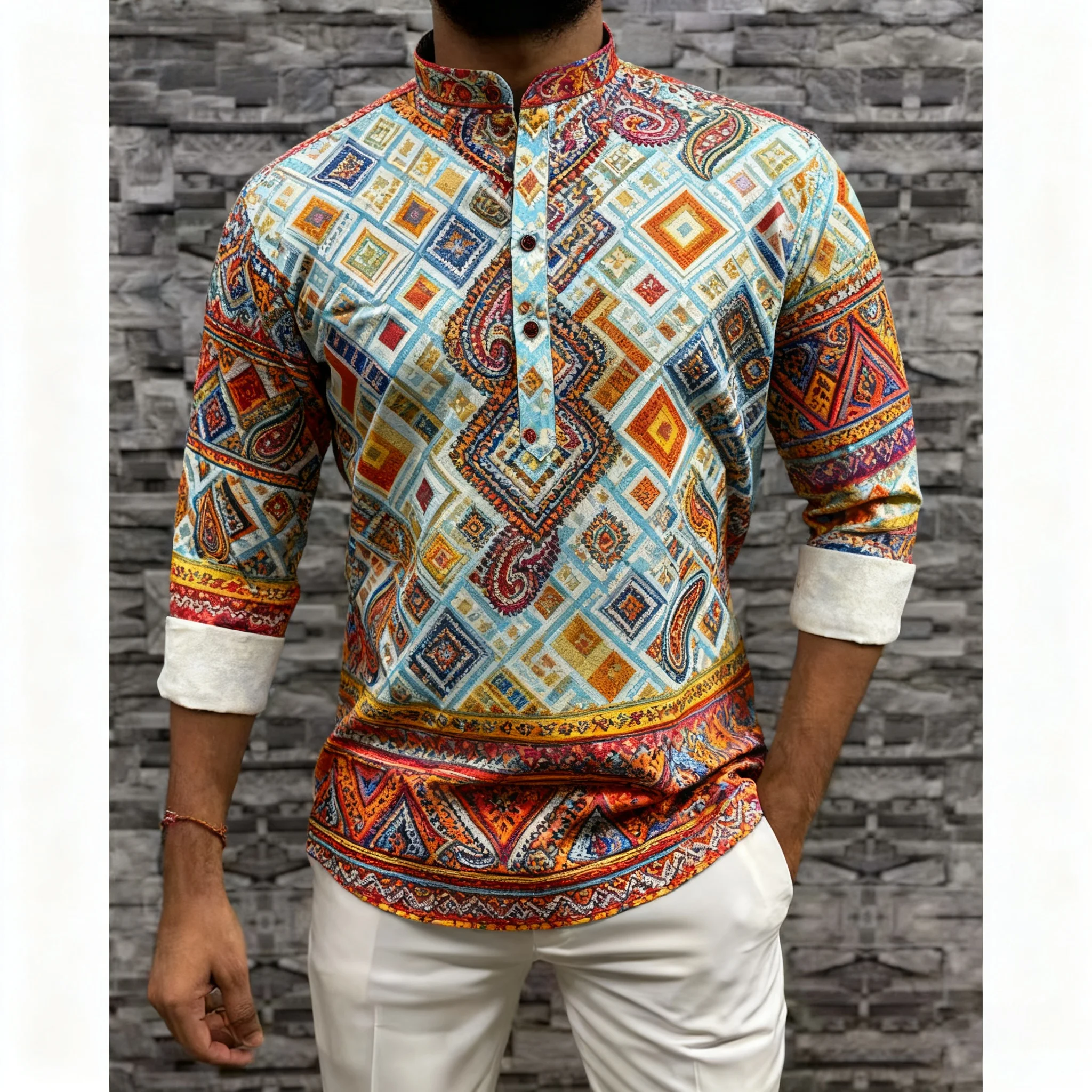 قميص مسلم قفطان دبي رداء رجالي بأكمام طويلة نمط عرقي الوقوف طوق الملابس العربية Camicia Araba Ropa Arabe De Hombre #1