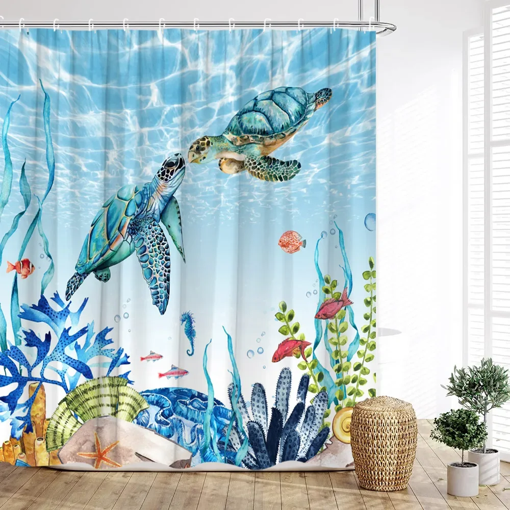 Funny Animal Shower Curtain Cat Riding Shark Dinosaur Ocean Waves Cow Turtle Coral Cartoon Cute Penguin Home Bathroom Decoration