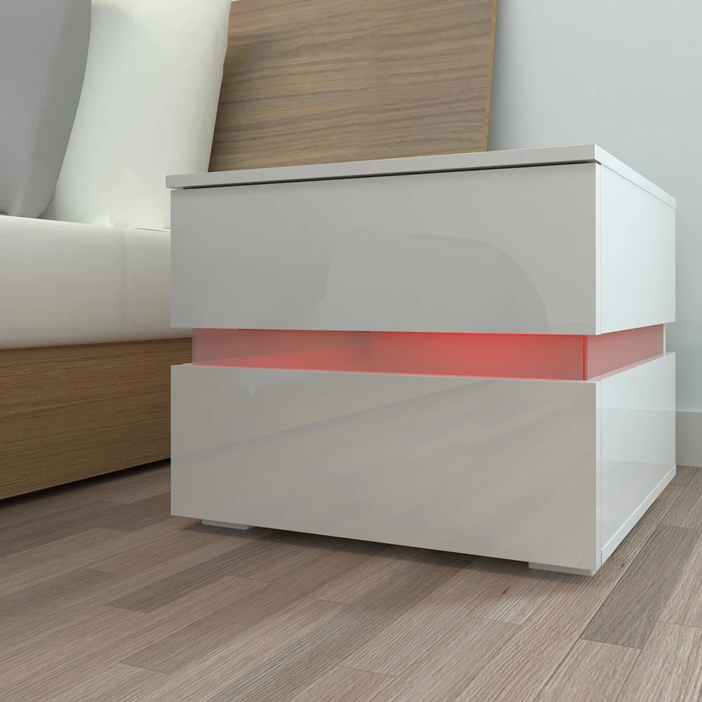 Modern High Gloss Nightstand with LED Lighting 2 Drawer Bedside Table in White