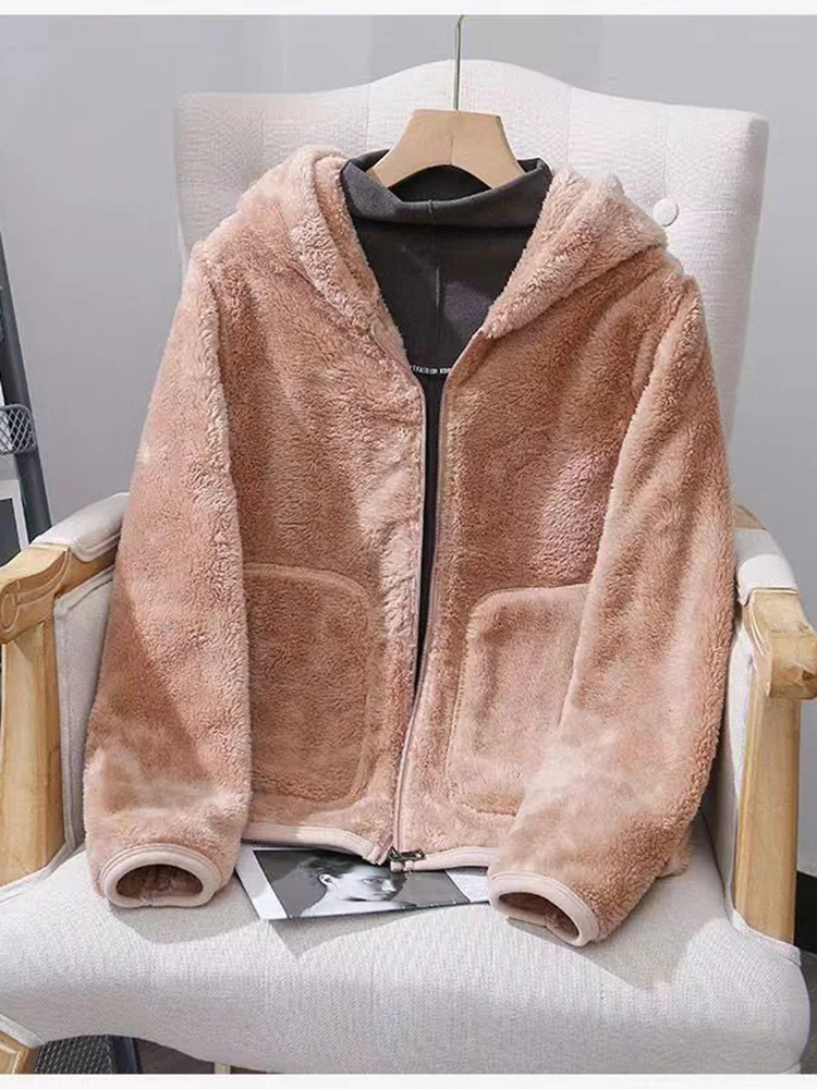 Winter Women\'s Velvet Thickened Warm Hooded Zipper Jacket Coat High Neck Pocket Casual Large Size Bust 116CM Loose Coat Tops