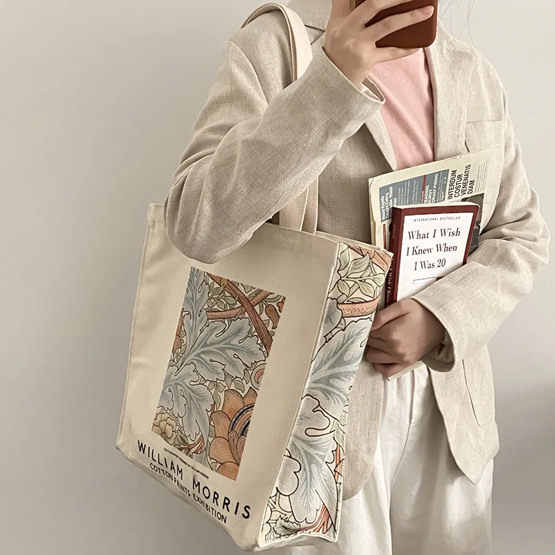 Extra Thick Canvas Female Shoulder Bag Van Gogh Morris Vintage Oil Painting Zipper Books Handbag Large Tote For Women Shopping