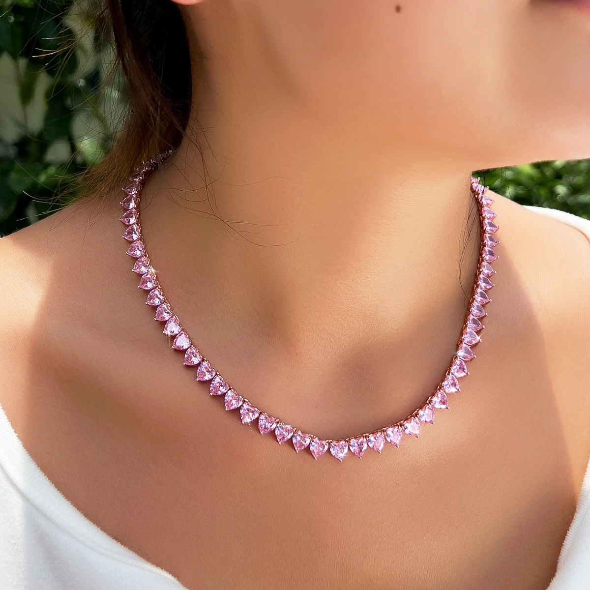 CWWZircons Romantic Rose Gold Color Pink Cubic Zirconia Heart Shape Choker Necklace Jewelry for Women Lover Festive Gifts DZ0055