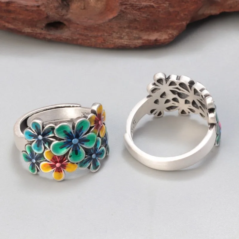 Genuine Real S990 Sterling Silver Rings for Women New Women's Fashion Enamel Flowers Blooming Like a Piece of Brocade Jewelry