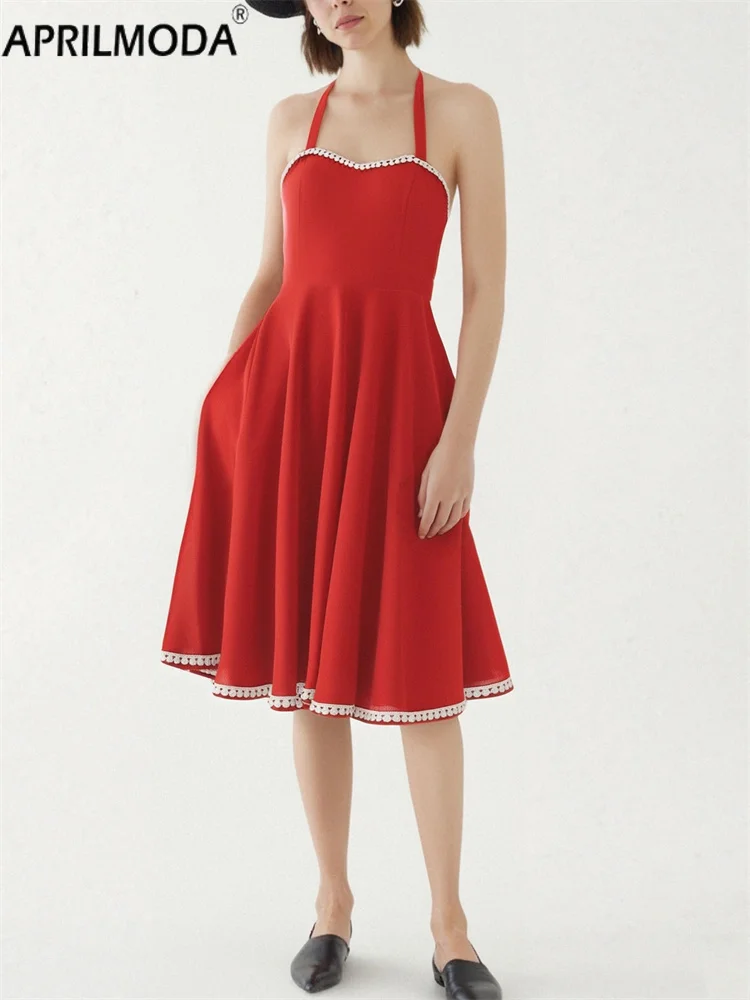 

2025 Elastic Waist Halter Red Swing Vintage Casual Summer 1950s Dress Lace Patchwork Elegant A Line Runway Short Cocktail Dress