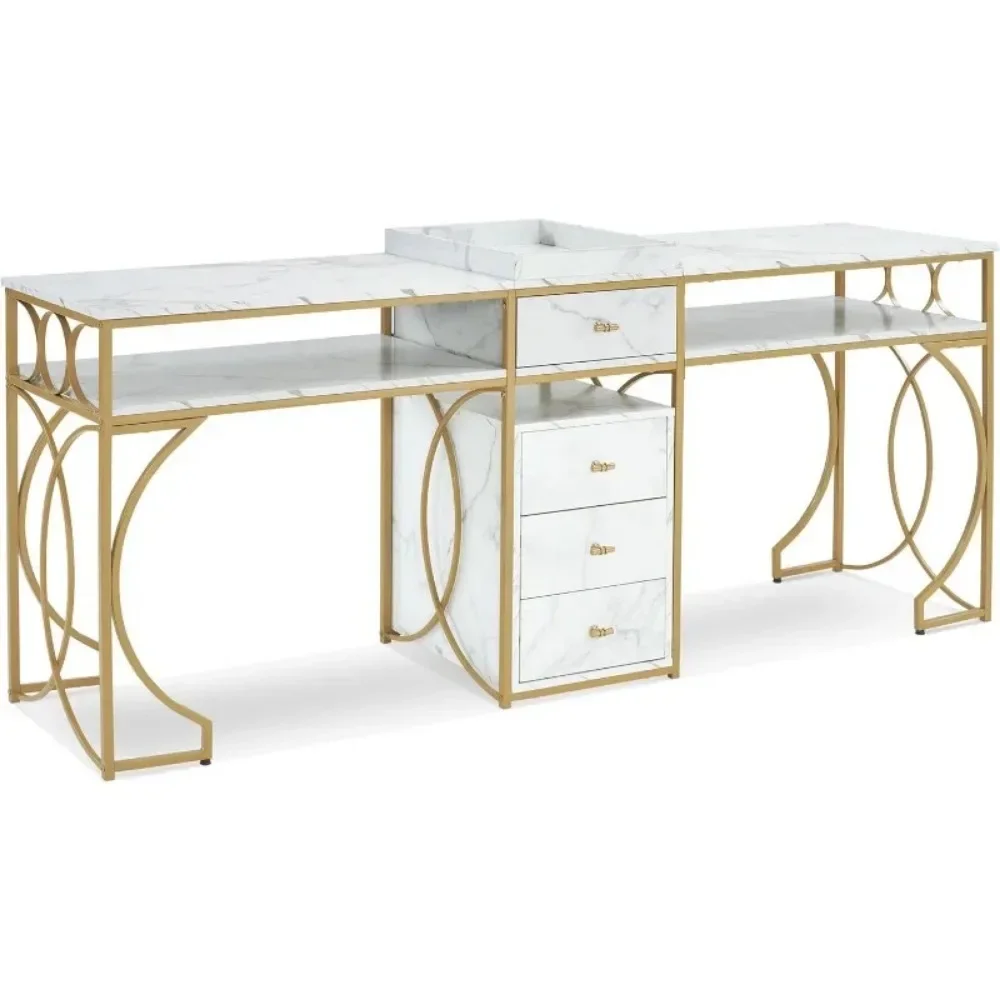 

Двойной маникюрный стол на 2 человека, текстура мраморной станции для ногтей, стол для длинных ногтей с ящиками для хранения, двойной стол для ногтей