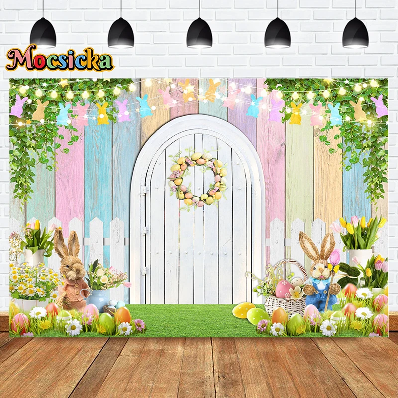 Mocsicka Easter Photography Background Bunny Toy Rainbow Wooden Board Backdrop White Arch Kids Portrait Studio Banner Props