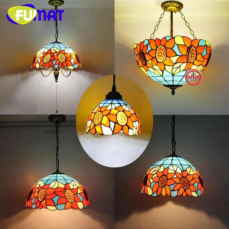 FUMAT Tiffany style stained glass European vintage sunflower Pendant lamp for dining room bedroom hallway balcony LED decor