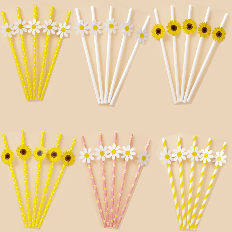 10pcs Daisy Paper Straws Daisy Party Decorations Disposable Flower Straws for Kids Birthday Party Supplies Baby Shower Wedding