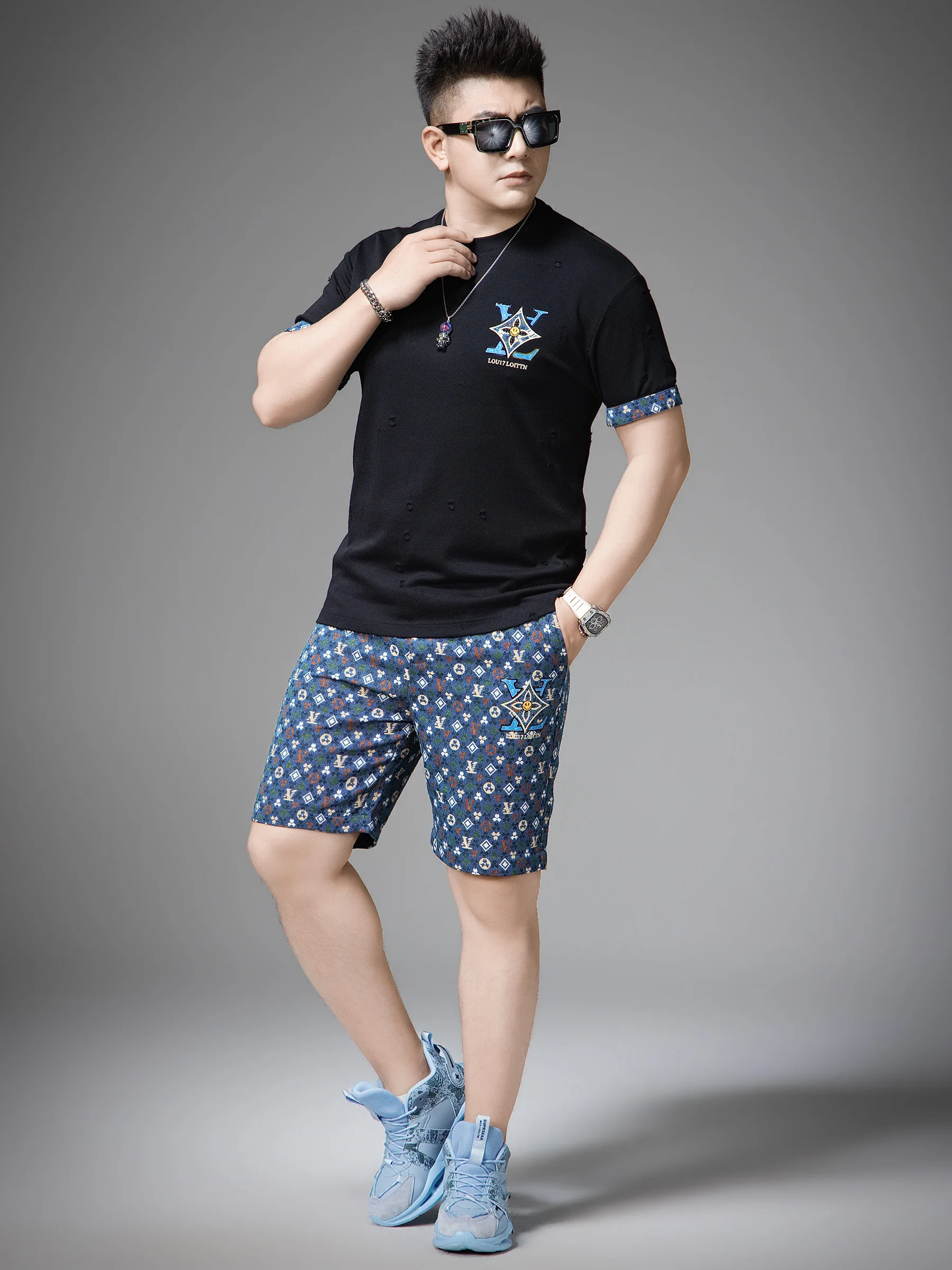 Conjunto Casual de Camiseta Bordada de Manga Curta e Shorts para Homens, Verão 2026, Tendência em Poliéster, Algodão e Spandex
