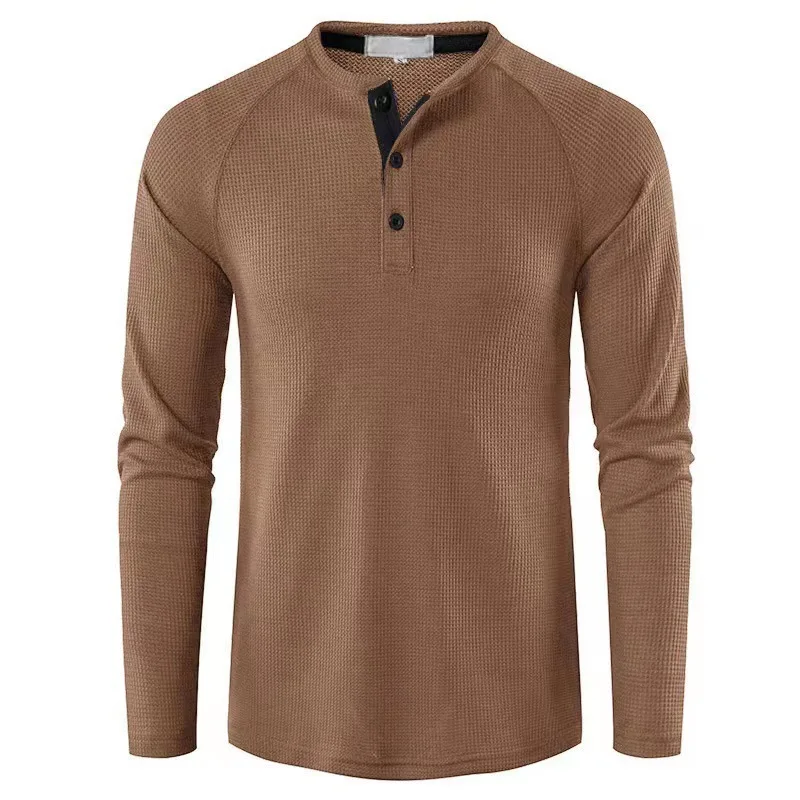 CIGY-Men's Monochromatic Long Sleeve Waffle Shirt, Autumn and Winter T Shirt