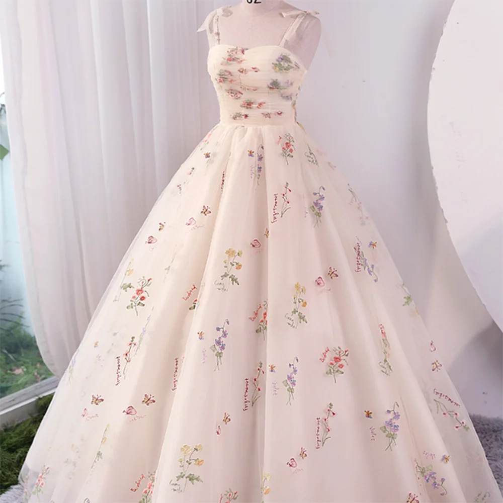 Exquisite Flower Prom Dress Spaghetti Strap Floor Length Floral Fluffy Slimming A-Line Princess Vestidos De Fiesta فساتين سهرة