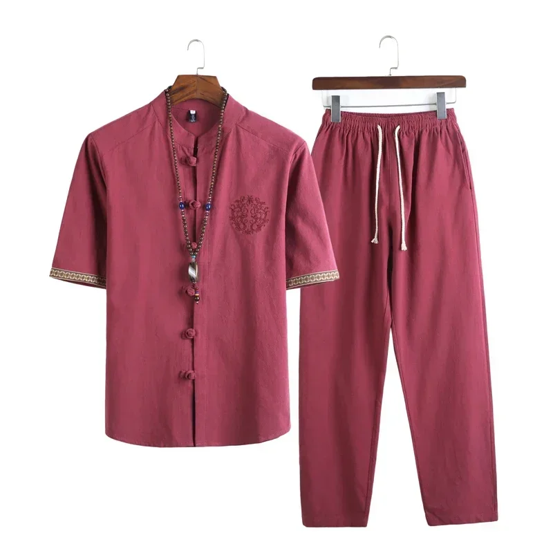 Summer Chinese Style Linen Tang Suit Traditional Clothing Men Shorts Tai Chi Uniform Retro V-neck Short Sleeve Shirt Pants Set