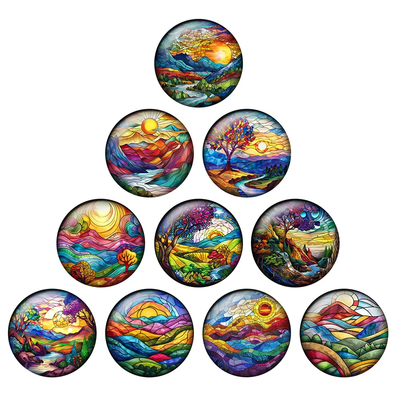 

24pcs/lot Surreal Colored Landscape Patterns 8mm/10mm/20mm/25mm Round Photo Glass Cabochon Demo Flat Back Making Findings H340