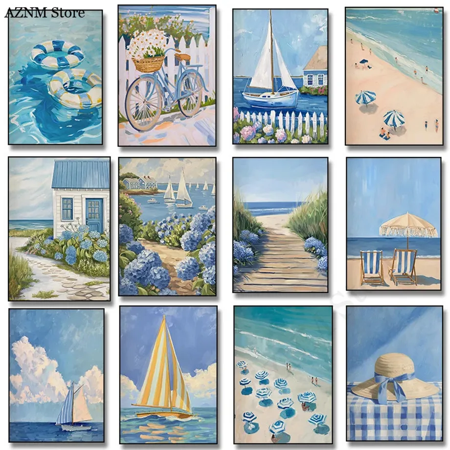 Blaue Küsten-Strandszene mit Muscheln, Segelboot und Hortensien Poster Drucke Leinwandgemälde Wandkunst Bilder Wohnzimmer Heimdekoration Cuadro