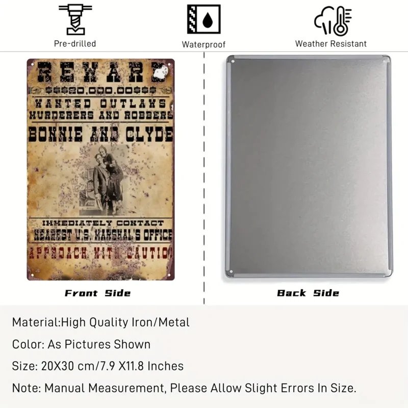 1 قطعة ملصق بوني آند كلايد العتيق - عصر الاكتئاب الرجعية تكساس الخارجين عن القانون ديكور حائط معدني، ألومنيوم شديد التحمل