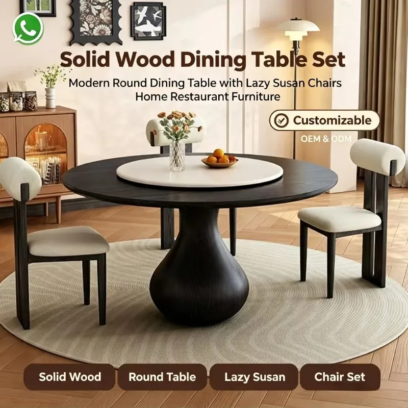 French Vintage Solid Wood Round Dining Table Set, Teardrop‑Base Dining Table with Rotating Turntable for Home Restaurant