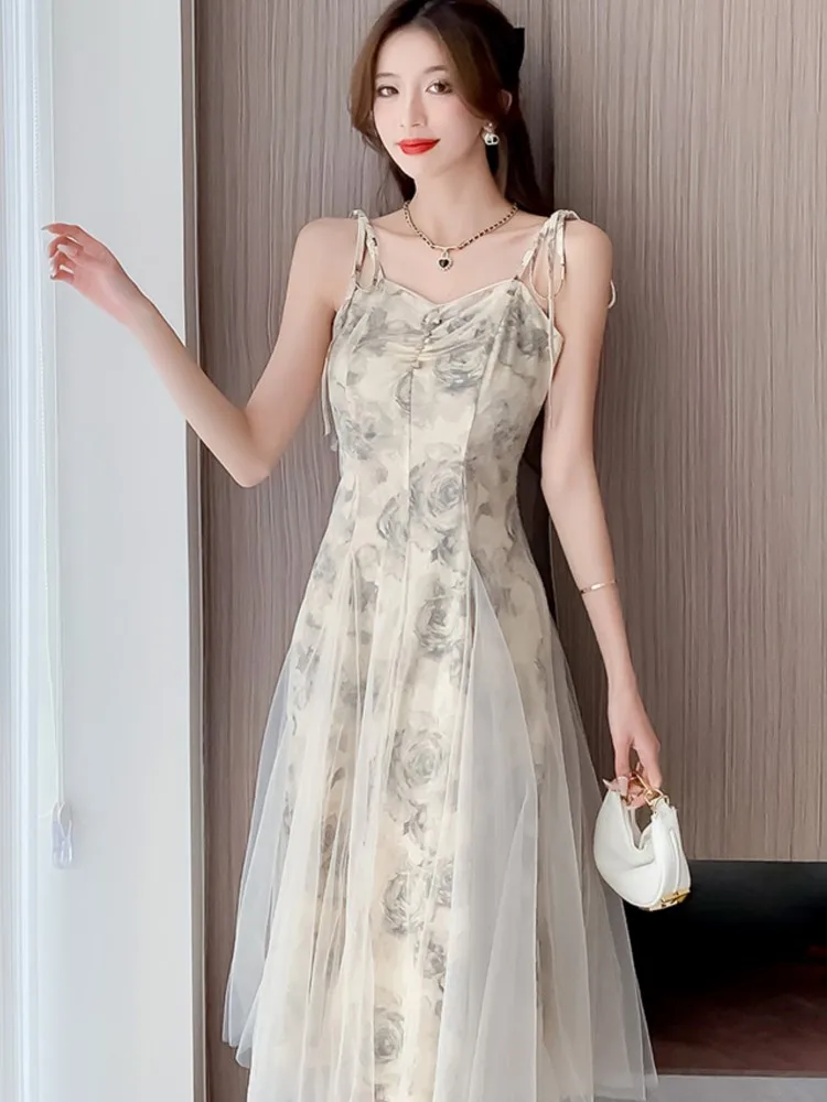 

Vintage Print Dress for Women Spaghetti Strap Sleeveless Slim Flounce Chiffon Casual Korean Midi Dresses Female Clothing Summer