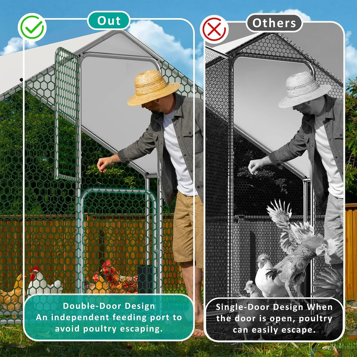 

Large Metal Chicken Coop, Walk-in Chicken Run with Feeding Door, Security Lock and Cover, Outdoor Duck/Rabbit Cage Poultry Pen f