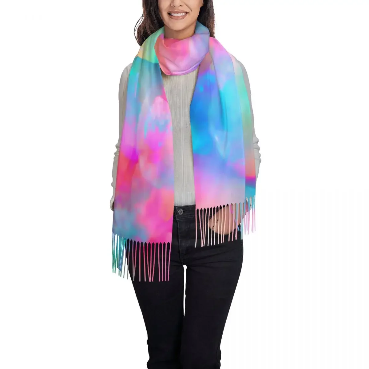 Colorful Rainbow Scarf with Tassel Abstract Print Outdoor Shawl Wraps Female Printed Head Scarves Autumn Casual Bufanda Mujer