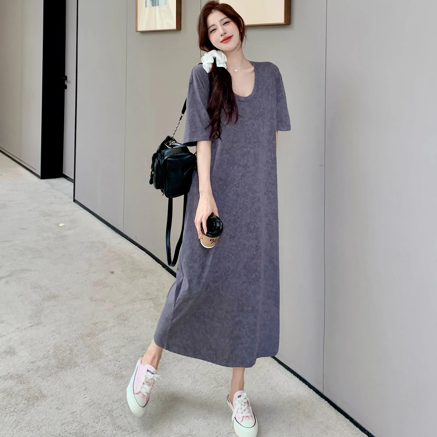 Oversized Women's Causal Dress Summer Loose U-Neck Long Dresses Robe Elbise Short Sleeve T-Shirt Korean Style Midi Dresses