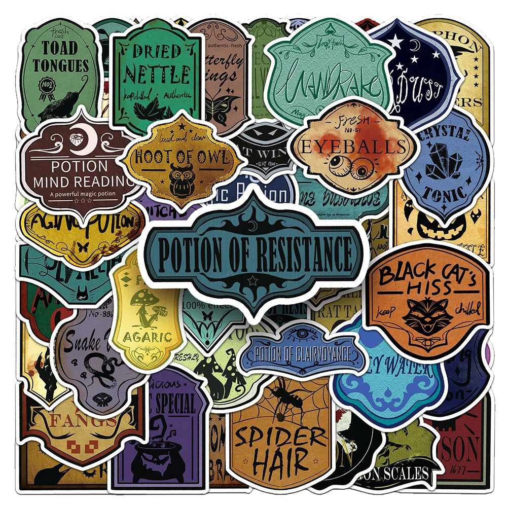 10/30/51pcs Halloween Potion Witch Label Stickers Vintage Graffiti Decals Decoration Guitar Suitcase Phone Cool Cartoon Sticker