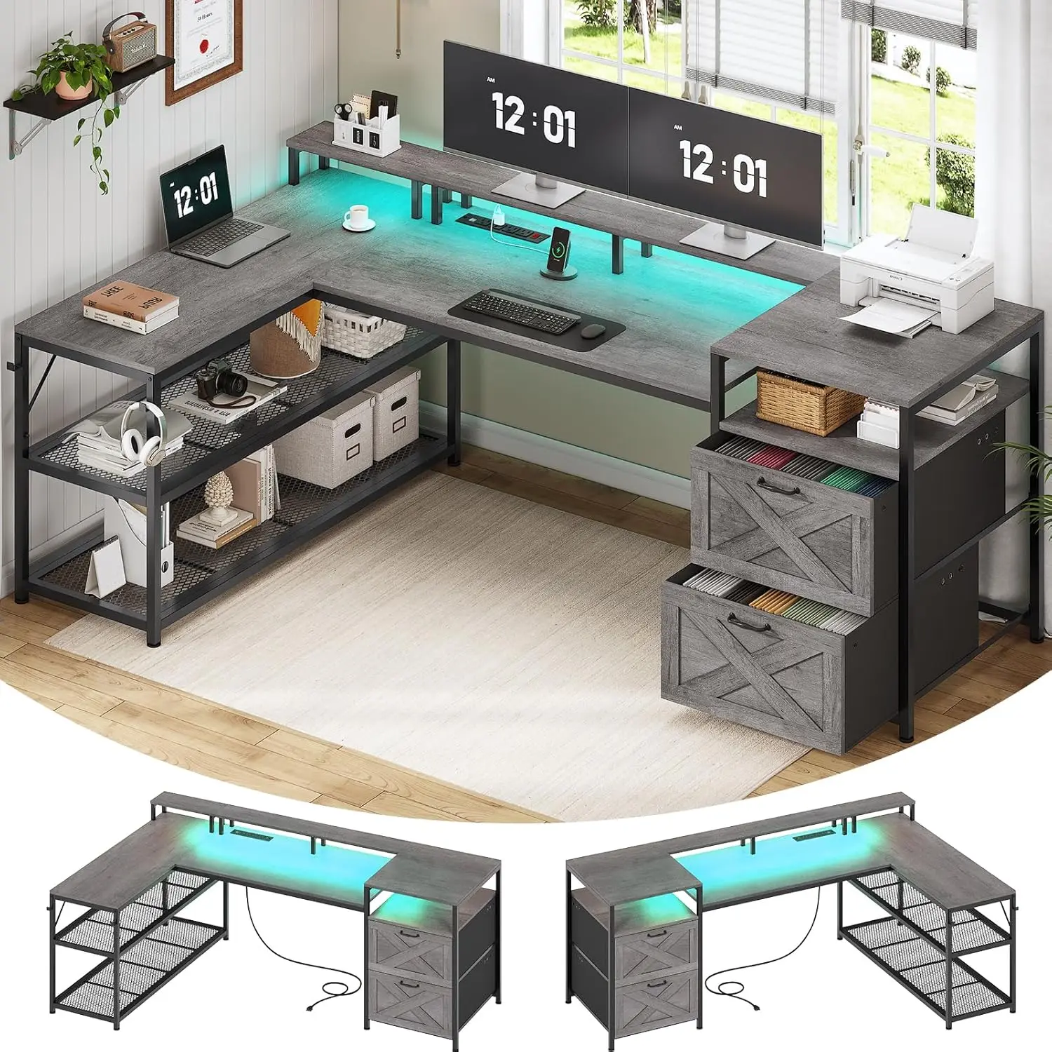 

67 "L office desk with drawers, computer desk with storage rack and power outlet, reversible gaming desk with LED lights