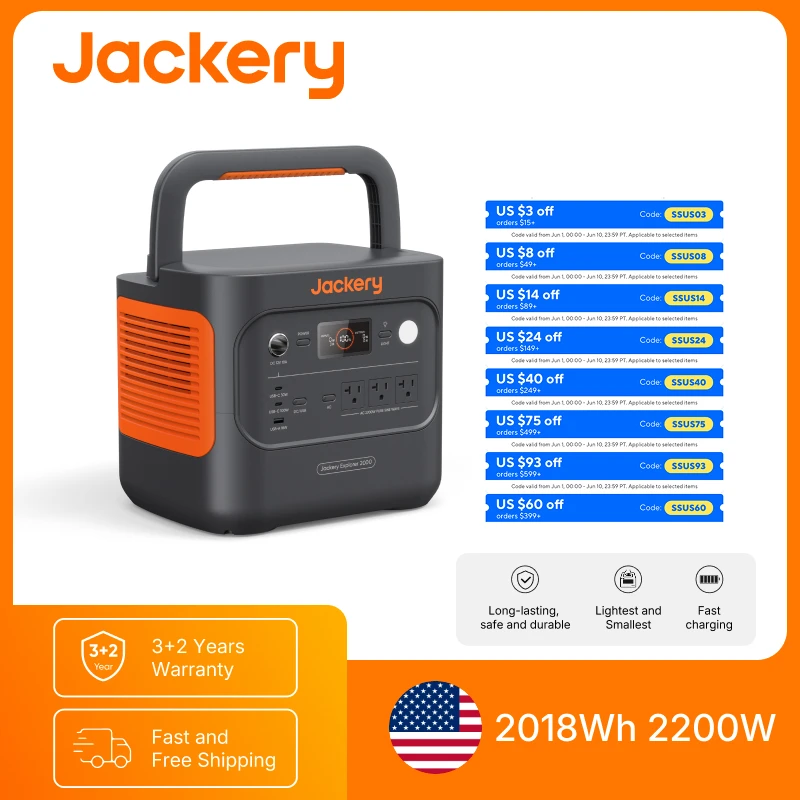 

Jackery Explorer 2000 Portable Power Station, 2200W Output, 2018Wh LiFePO₄ Capacity, 5-Year Warranty