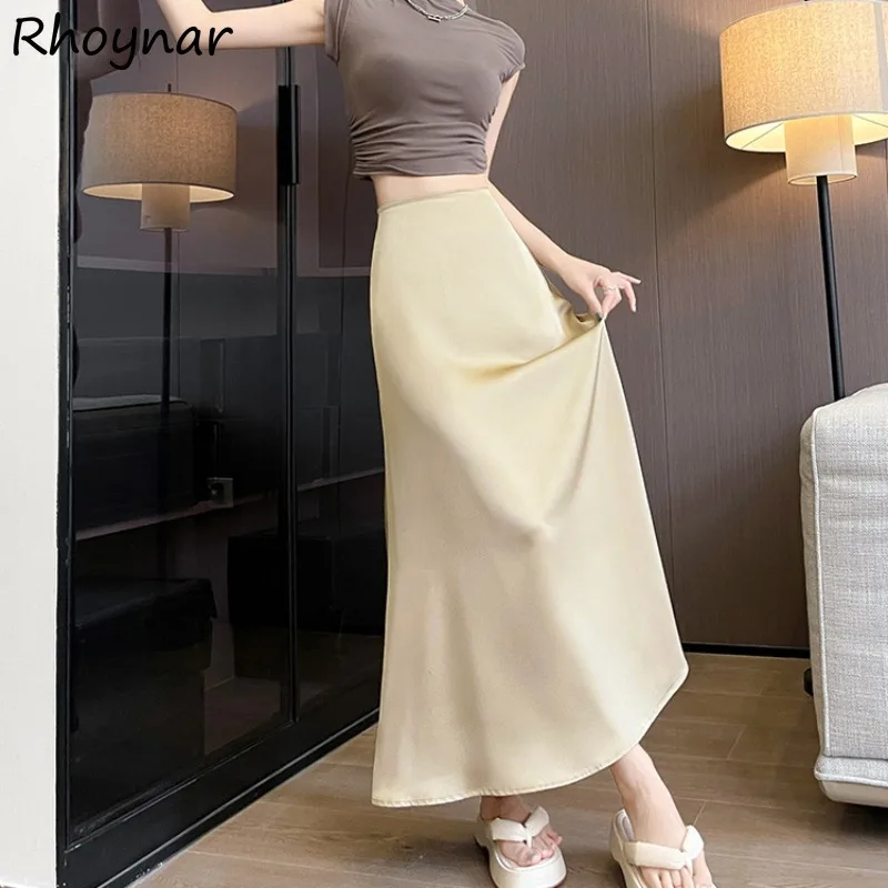 

Solid Long Length Skirts Women Korean Style Thin High Waist A-line Slim All-match Casual Elegant Temperament Sweet Girls Summer