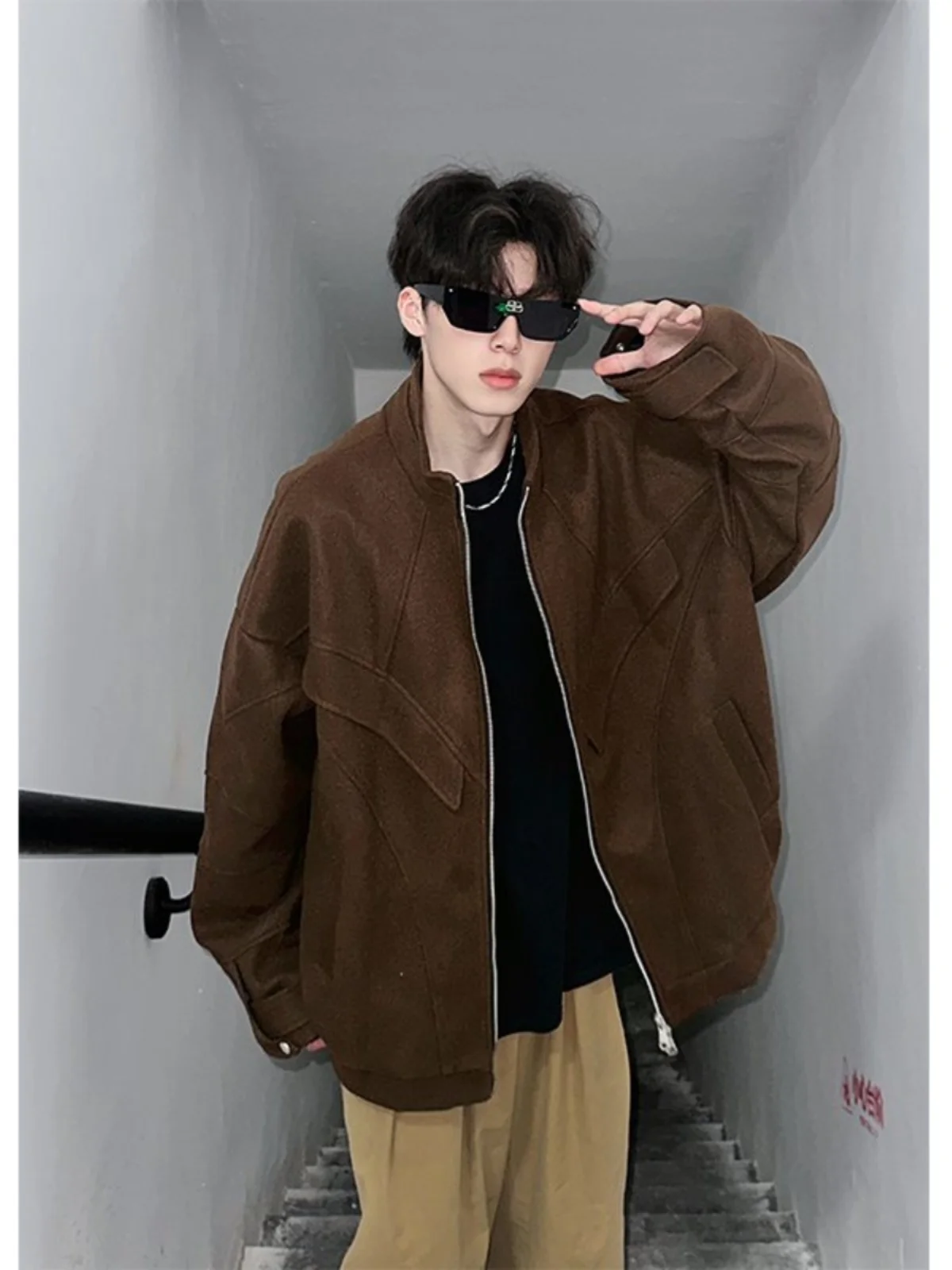 

Мужская шерстяная куртка в американском ретро-стиле кофейного цвета, осенне-зимнее пальто из полиэстера с прямым подолом и застежкой-молнией