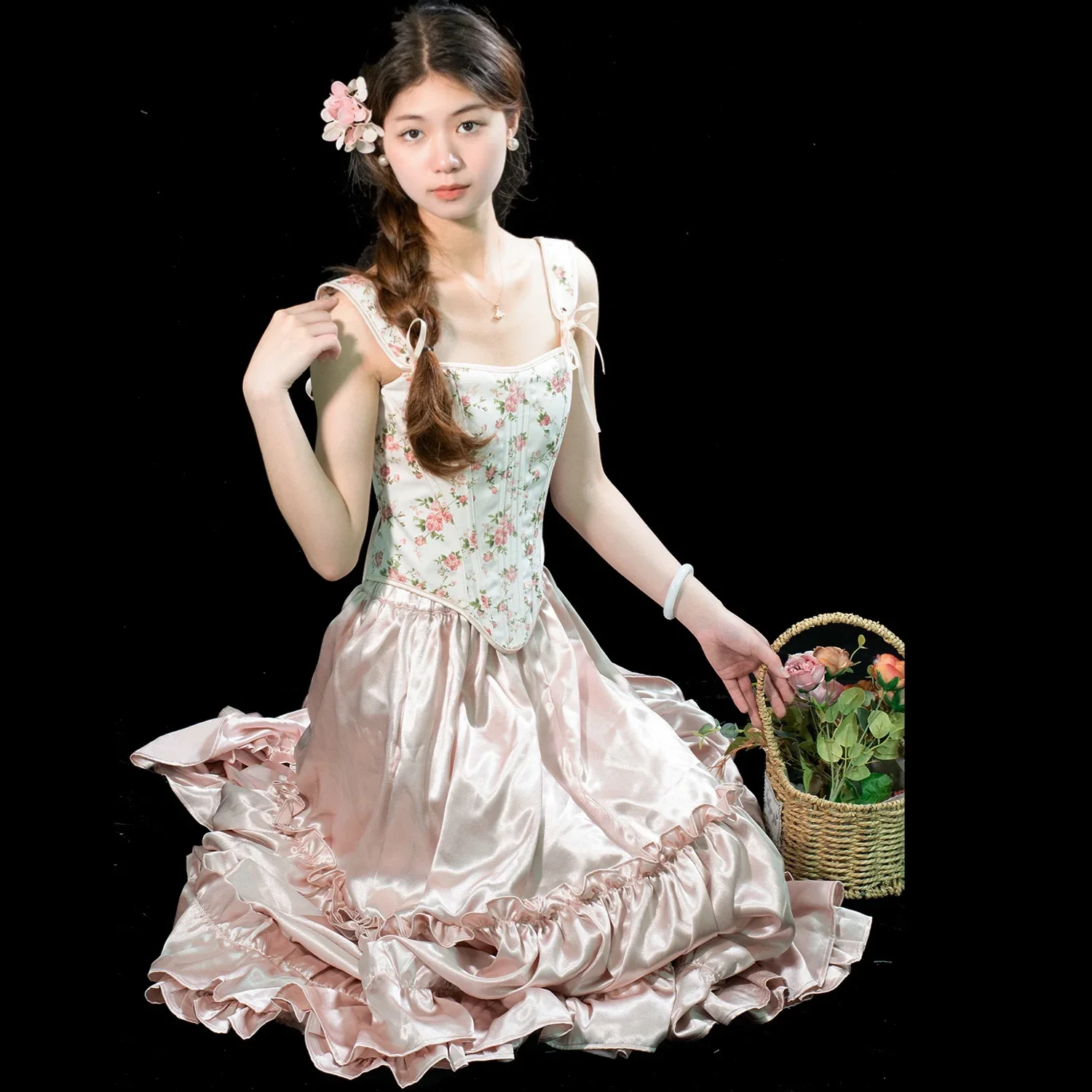 

White Corset Top Sexy Women Gothic Bustier Overbust Vintage Floral Print Bodice Lace-up Lingerie Waist Trainer Tummy Control