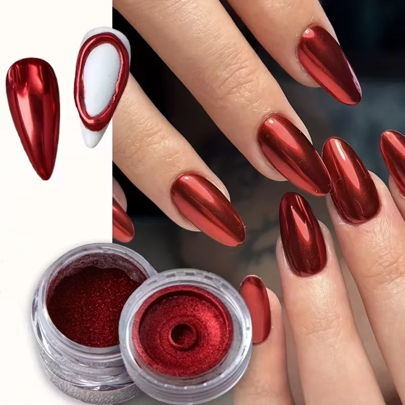 1 Stück Metallic-Spiegeleffekt-Nagel, funkelnder Glitzer, superglänzendes rotes magisches Spiegel-Nagelpulver für Weihnachten und Neujahr, Nagelkunst, DIY