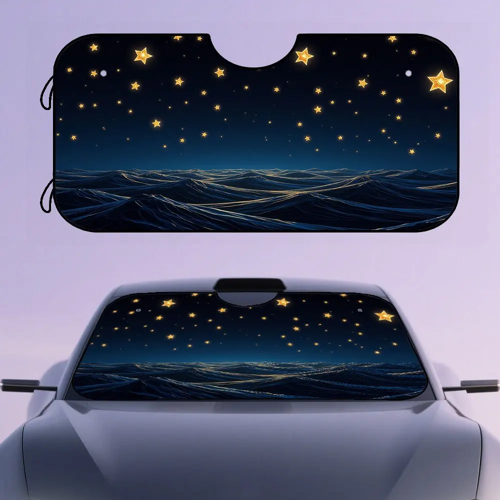1pc, Golden Stars Night Sky Ocean Waves Print Car Windshield Sun Shade, Foldable Sun Visor, Keeps Vehicle Interior Cool, Perfect