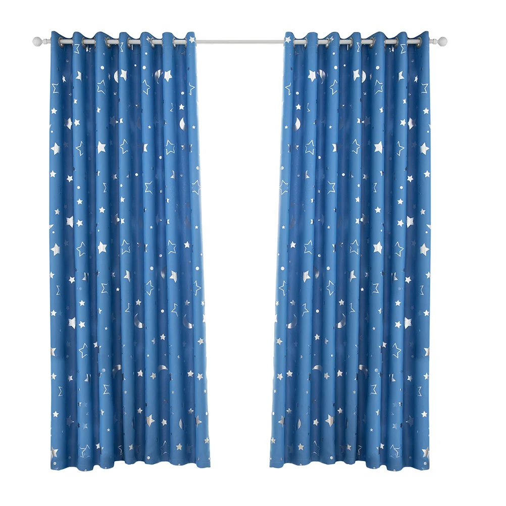 

1Pcs Heat Insulation Window Curtain Sky-Blue Blackout Punching Silver Stars Moon Simple Fashion Curtain Living Room Bedroom