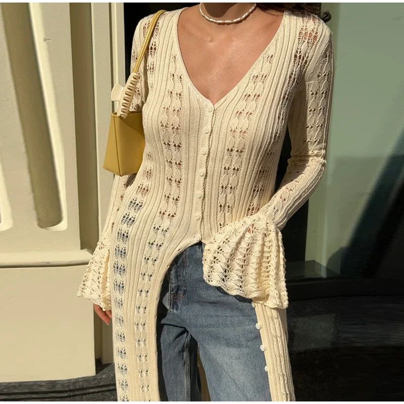 Elegant Knitted Hollow Out Long Dress Women Beach Ruffle Single-breasted Flare Sleeve Cardigan Robe Female Fashion Solid Dresses