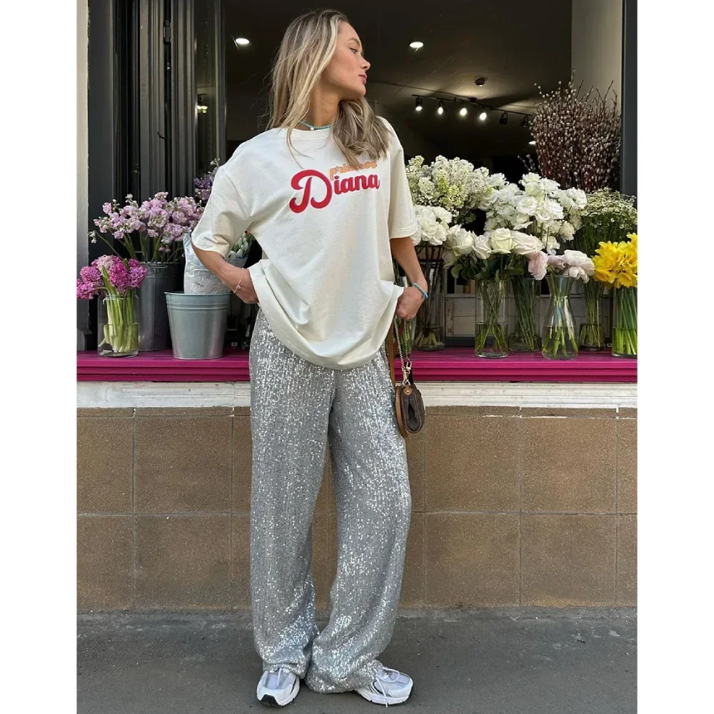 Elegant Silk Sequins Women Pants 2023 Midi Waist Loose Long Pants Streetwear Classic Trousers Fashion Female Clothing