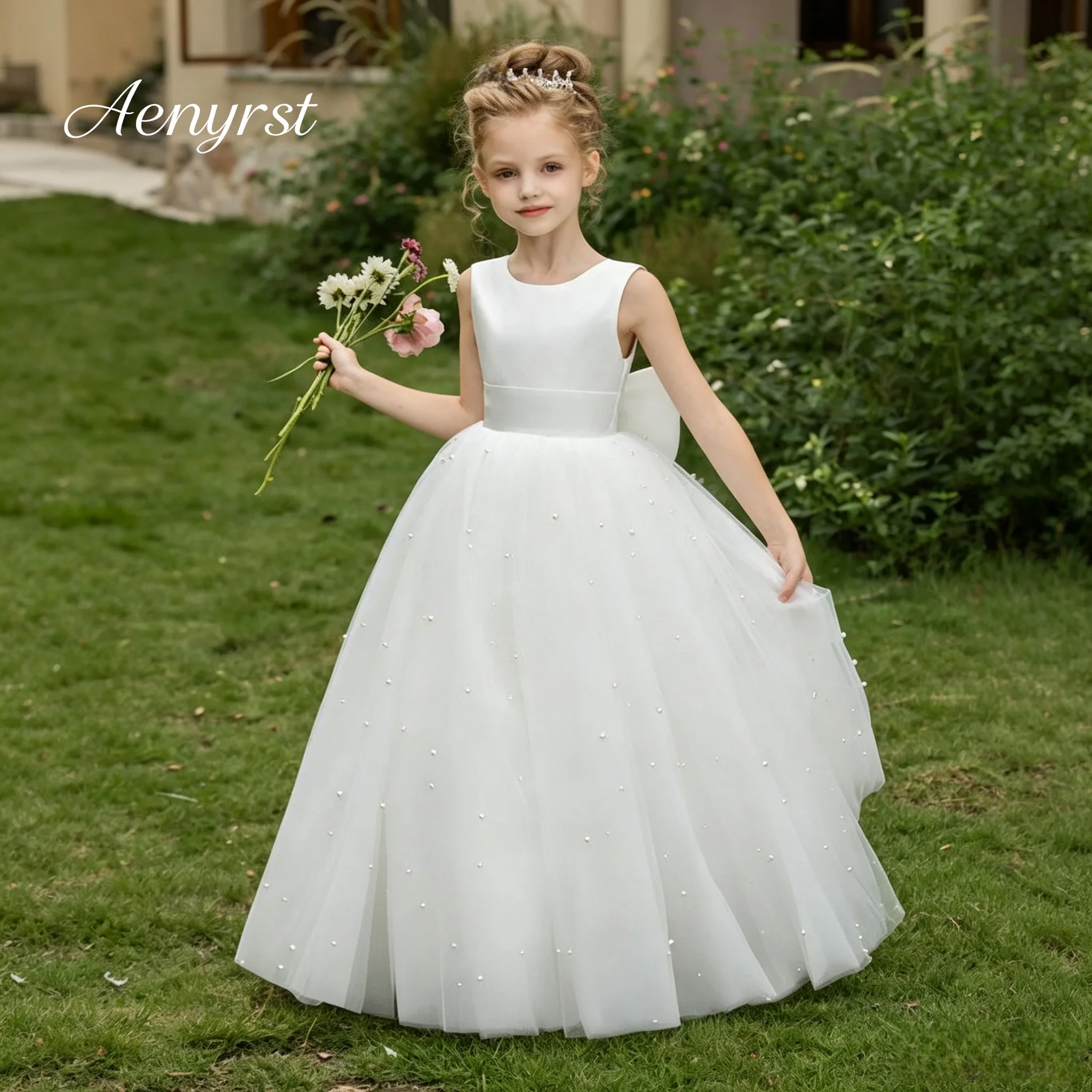 White Kids Pageant Gown Sleeveless Minimal Satin Bodice Pearl Embellished Tulle Long Skirt For Birthday Banquet Event Occasions